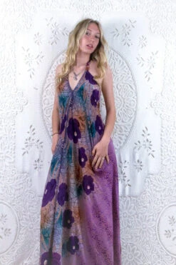 Athena Maxi Dress - Vintage Sari - Stained Glass Purple Florals - XS - S/M