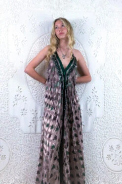 Athena Maxi Dress - Vintage Sari - Mink & Emerald Green Paisley - XS - M/L 7 Athena Maxi Dress - Vintage Sari - Mink & Emerald Green Paisley - XS - M/L -KIKIS Clothing Shop floaty strappy halter neck recycled vintage indian sari strappy maxi sundress dress boho hippie chic party all about audrey 9