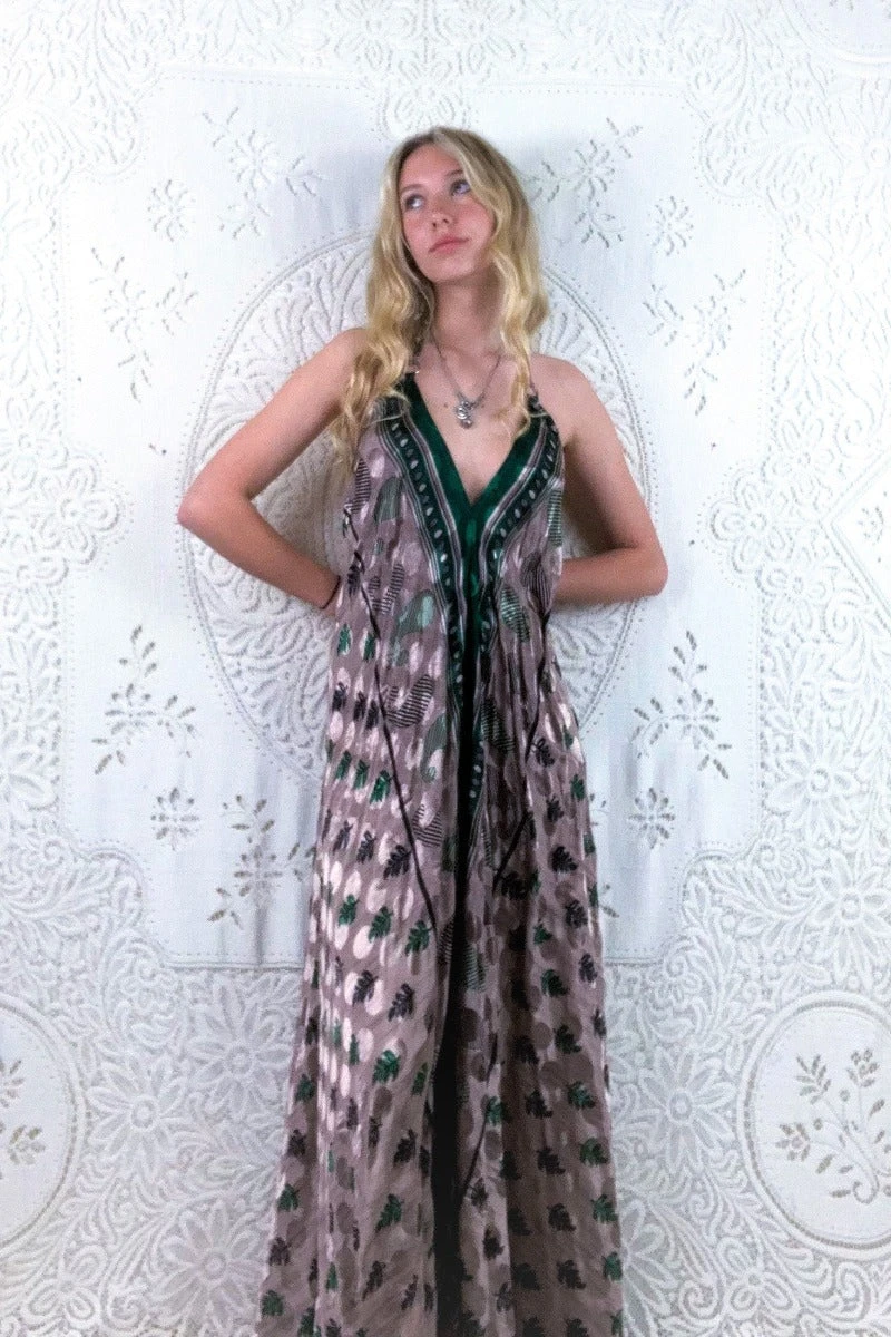 Athena Maxi Dress - Vintage Sari - Mink & Emerald Green Paisley - XS - M/L 4 Athena Maxi Dress - Vintage Sari - Mink & Emerald Green Paisley - XS - M/L - Image 4