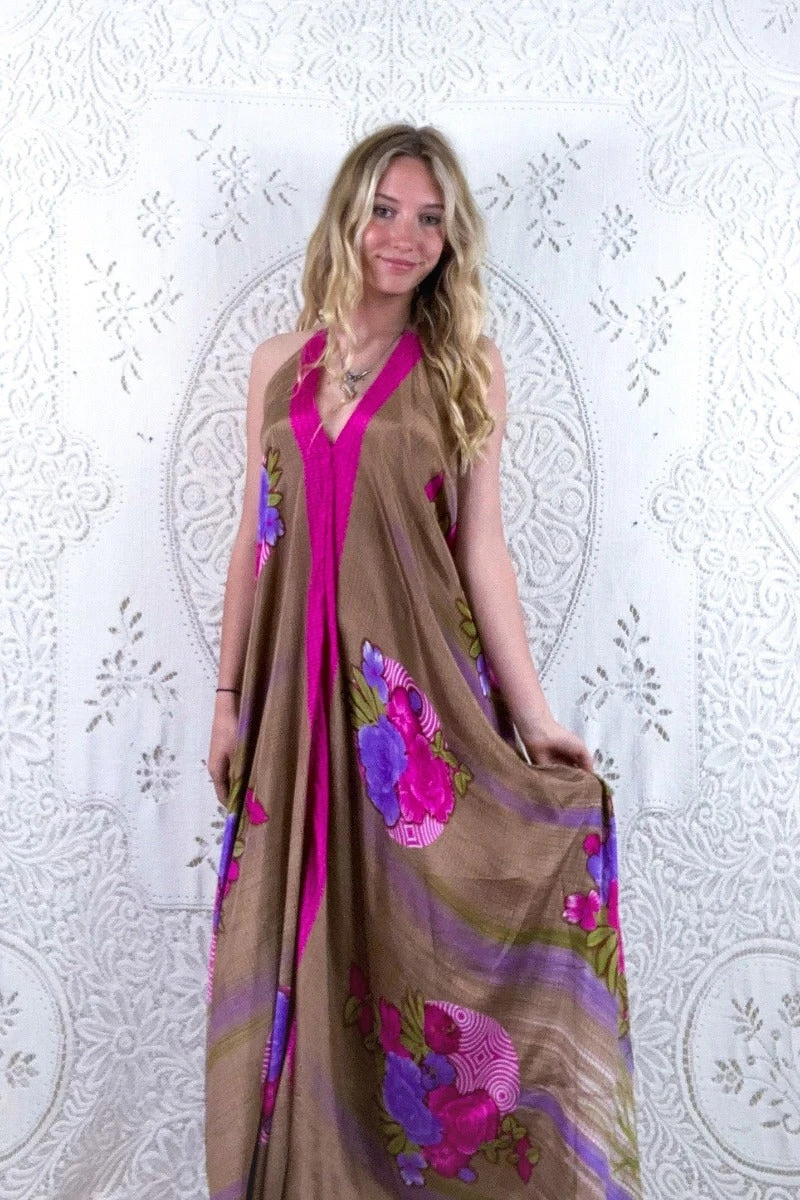 Athena Maxi Dress - Vintage Sari - Fawn Floral Bouquet - S - M/L 1 Athena Maxi Dress - Vintage Sari - Fawn Floral Bouquet - S - M/L