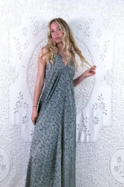 Athena Maxi Dress - Vintage Sari - Sage Green Midnight Garden - S/M