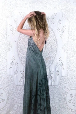 Athena Maxi Dress - Vintage Sari - Sage Green Midnight Garden - S/M -KIKIS Clothing Shop floaty strappy halter neck recycled vintage indian sari strappy maxi sundress dress boho hippie chic party all about audrey 96
