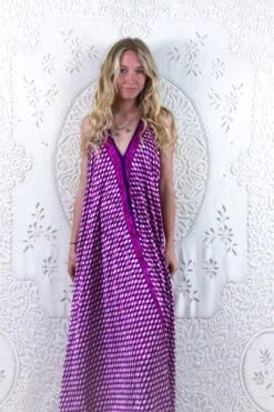 Athena Maxi Dress - Vintage Sari - Pink & Purple Harlequin Illusion - S - M/L
