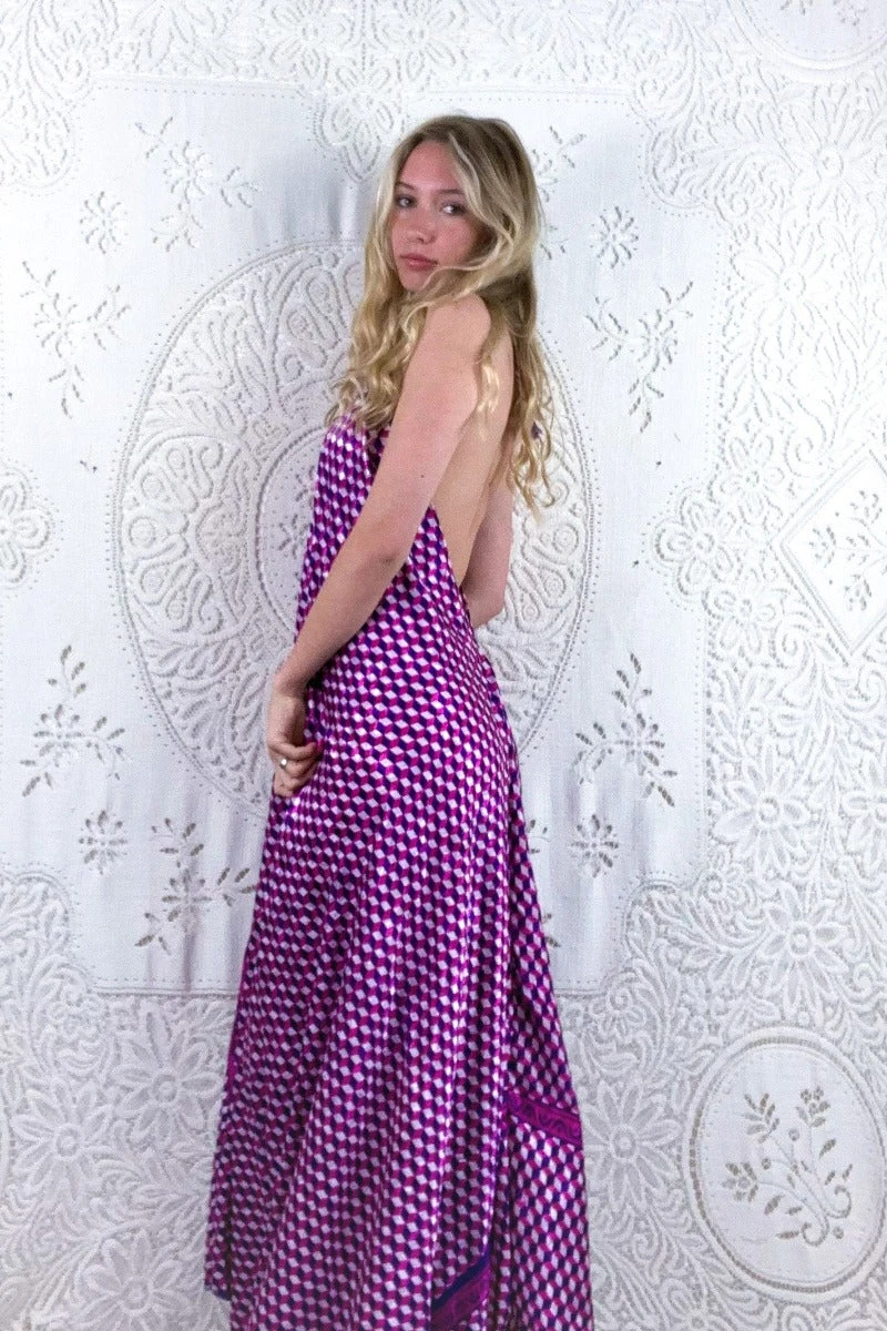 Athena Maxi Dress - Vintage Sari - Pink & Purple Harlequin Illusion - S - M/L 3 Athena Maxi Dress - Vintage Sari - Pink & Purple Harlequin Illusion - S - M/L - Image 3