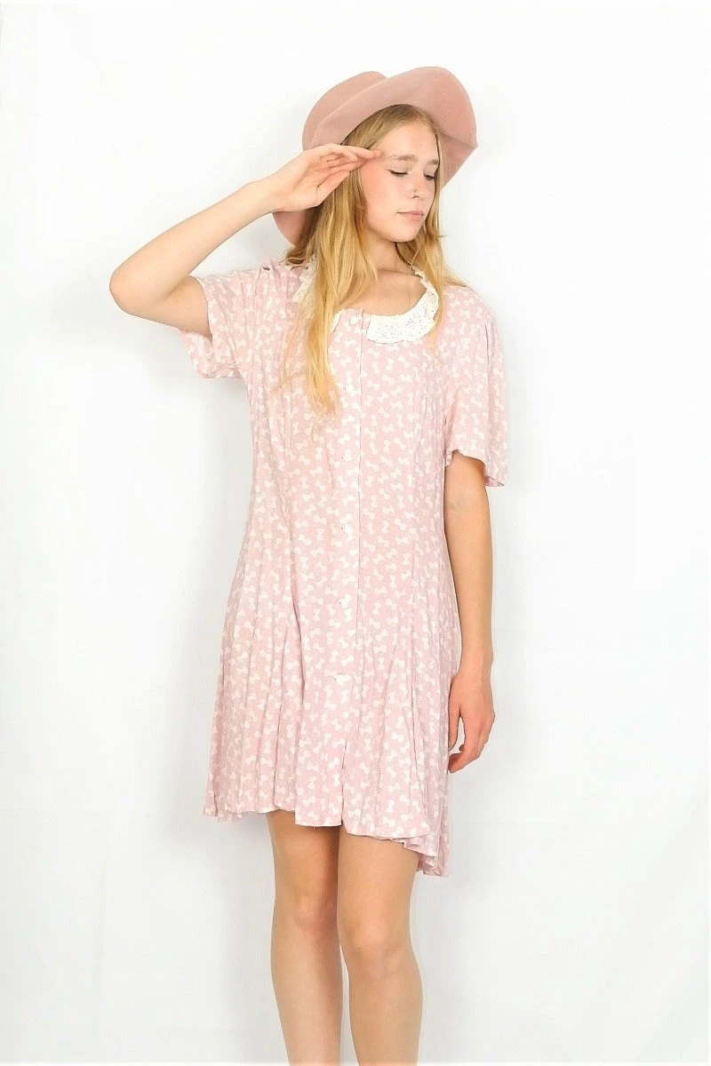 Vintage Dress - Baby Pink Lace Trim Button Up Mini - Size S 2 Vintage Dress - Baby Pink Lace Trim Button Up Mini - Size S - Image 2