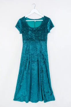 Vintage Midi Dress - Deep Jade Green Crushed Velvet - Size S/M