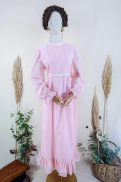 Vintage Lacy Maxi Dress - Ballet Pink Polka Dots - Size M/L