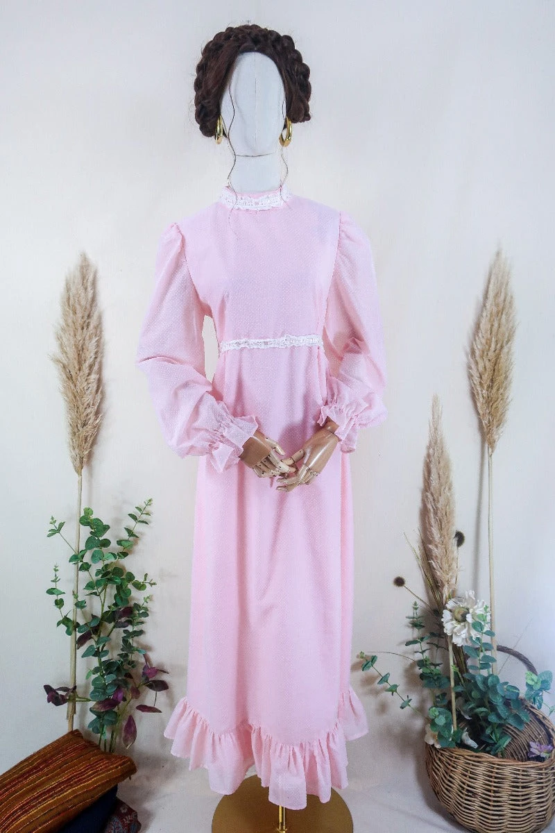 Vintage Lacy Maxi Dress - Ballet Pink Polka Dots - Size M/L 1 Vintage Lacy Maxi Dress - Ballet Pink Polka Dots - Size M/L