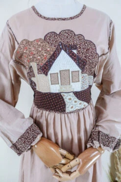 Vintage Midi Dress - Taupe Quilted Cottage - Size S/M -KIKIS Clothing Shop genuine 1970s vintage clothing boho slow fashion upcycled hippie clothing sourced by all about audrey 76