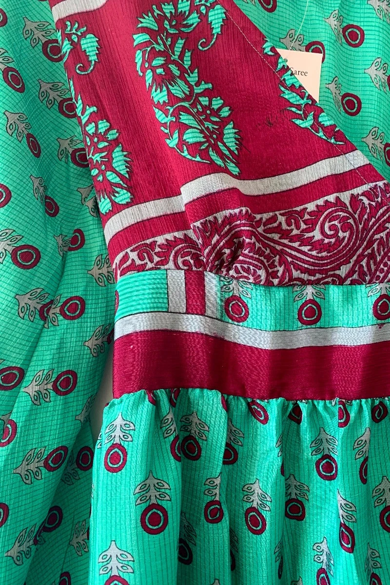 Rosemary Maxi Dress -Vintage Indian Sari - Burgundy & Bright Seafoam Floral - Size S/M 6 Rosemary Maxi Dress -Vintage Indian Sari - Burgundy & Bright Seafoam Floral - Size S/M - Image 6