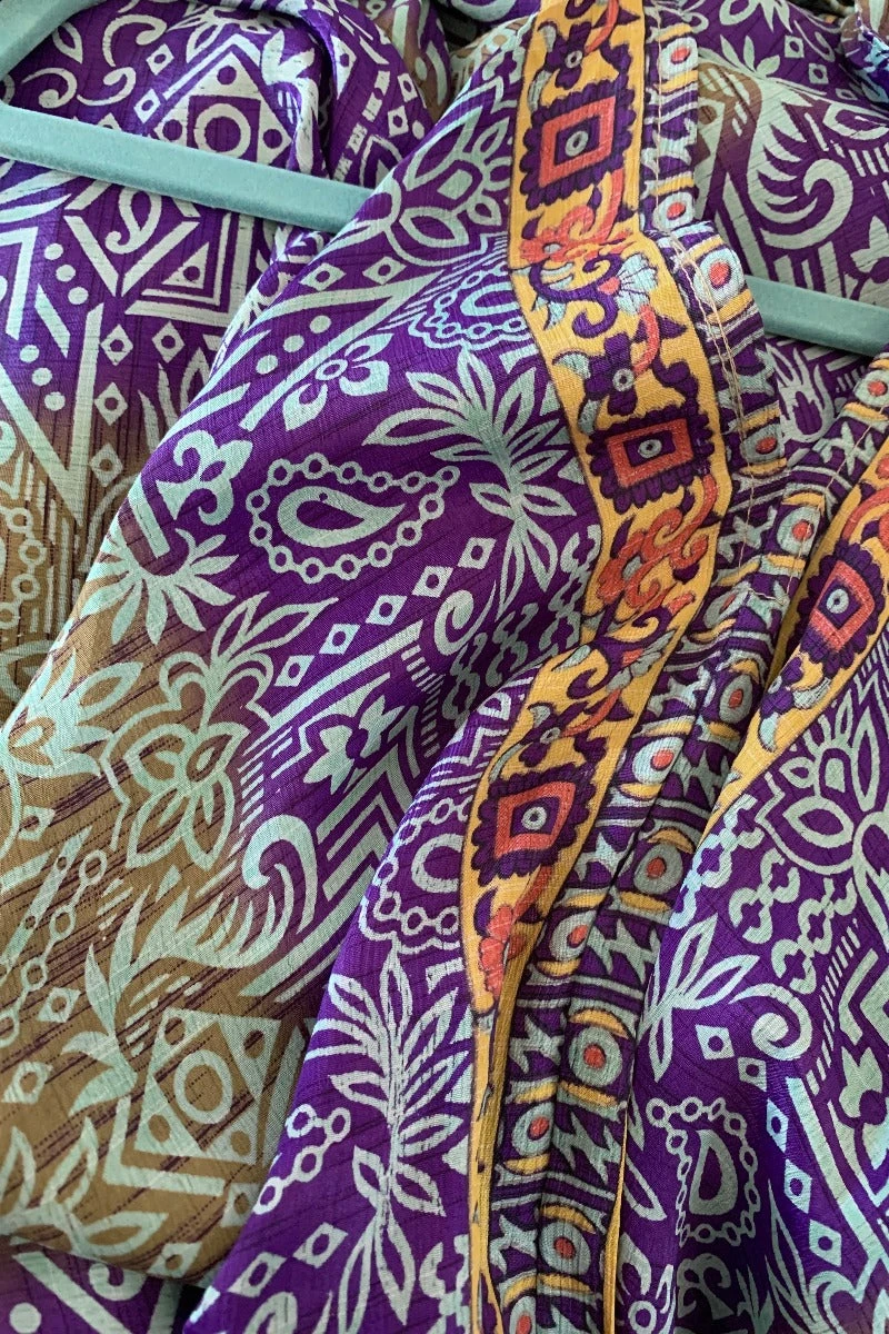 Athena Maxi Dress - Vintage Sari - Aqua, Taupe & Violet Tile Print - Size S/M 4 Athena Maxi Dress - Vintage Sari - Aqua, Taupe & Violet Tile Print - Size S/M - Image 4