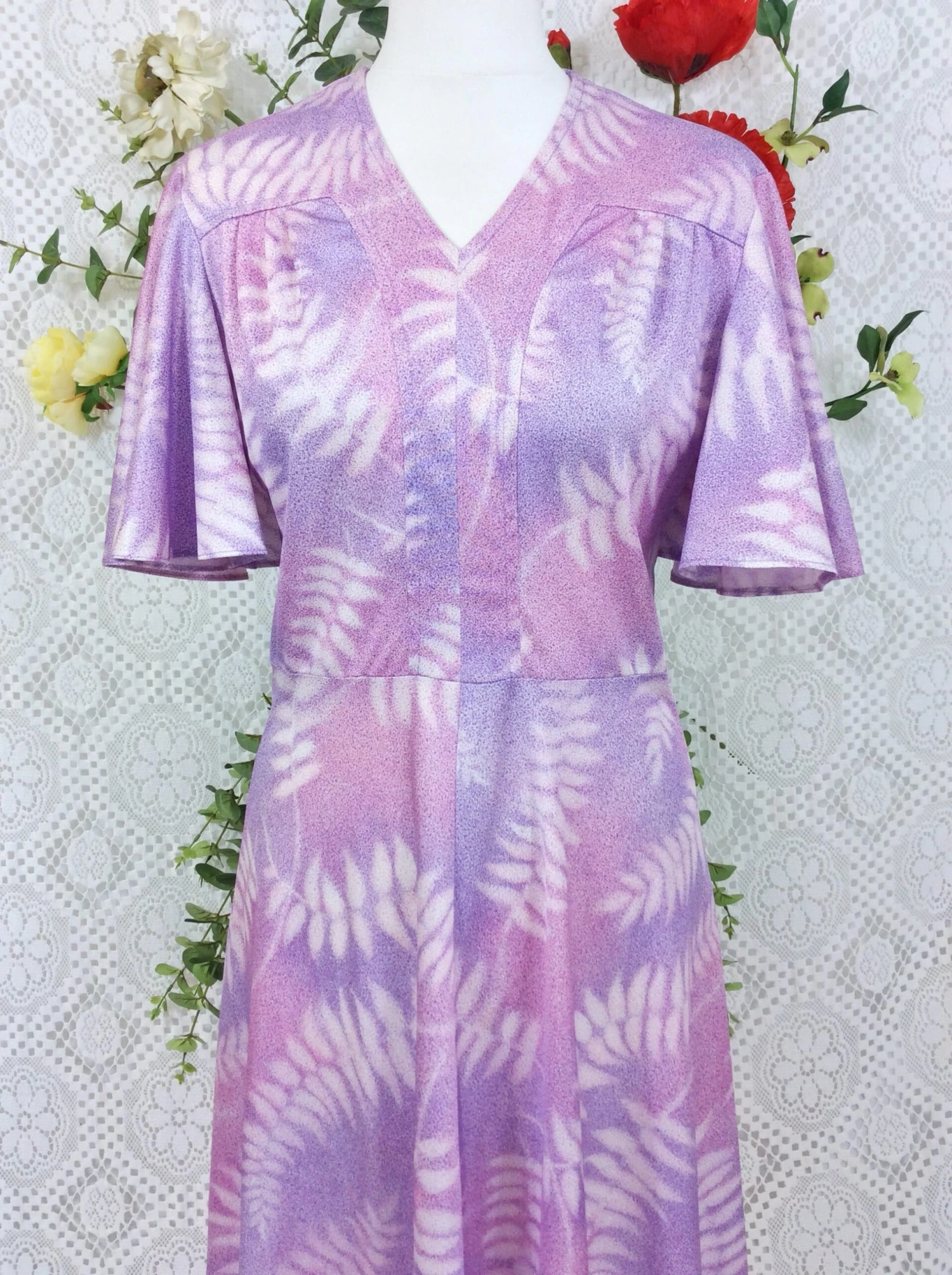 SALE Vintage 70s Day Dress - Lilac Mauve Pink Ferns - Size XS/S 6 SALE Vintage 70s Day Dress - Lilac Mauve Pink Ferns - Size XS/S - Image 6