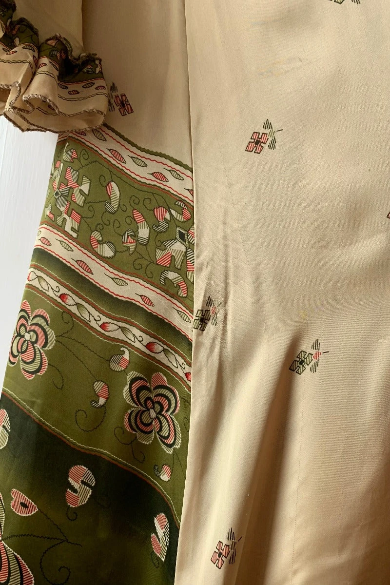 Venus Maxi Dress - Vintage Sari - Ecru & Olive Retro Floral - Size S/M 4 Venus Maxi Dress - Vintage Sari - Ecru & Olive Retro Floral - Size S/M - Image 4