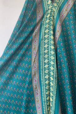 Athena Maxi Dress - Vintage Sari - Embroidered Teal & Blush Motif - XS - S/M -KIKIS Clothing Shop image 2600aa63 b0f8 4377 944f 68364b1ee75c