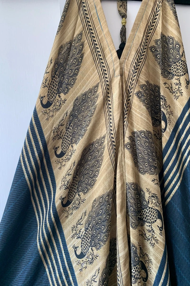 Athena Maxi Dress - Vintage Sari - Midnight Blue & Champagne Peacock Print - XS - S/M 5 Athena Maxi Dress - Vintage Sari - Midnight Blue & Champagne Peacock Print - XS - S/M - Image 5