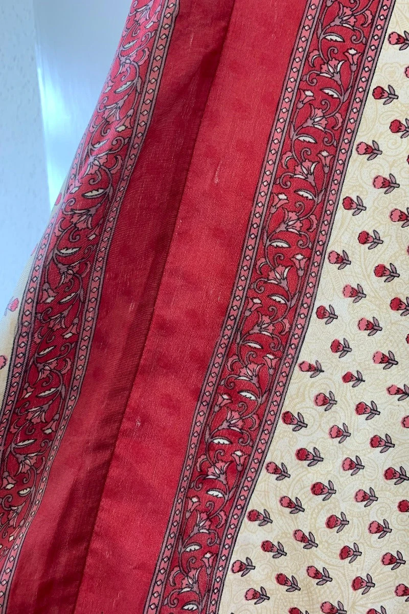 Eden Halter Maxi Dress - Vintage Sari - Antique White & Rouge Floral Motif - Free Size S/M 5 Eden Halter Maxi Dress - Vintage Sari - Antique White & Rouge Floral Motif - Free Size S/M - Image 5