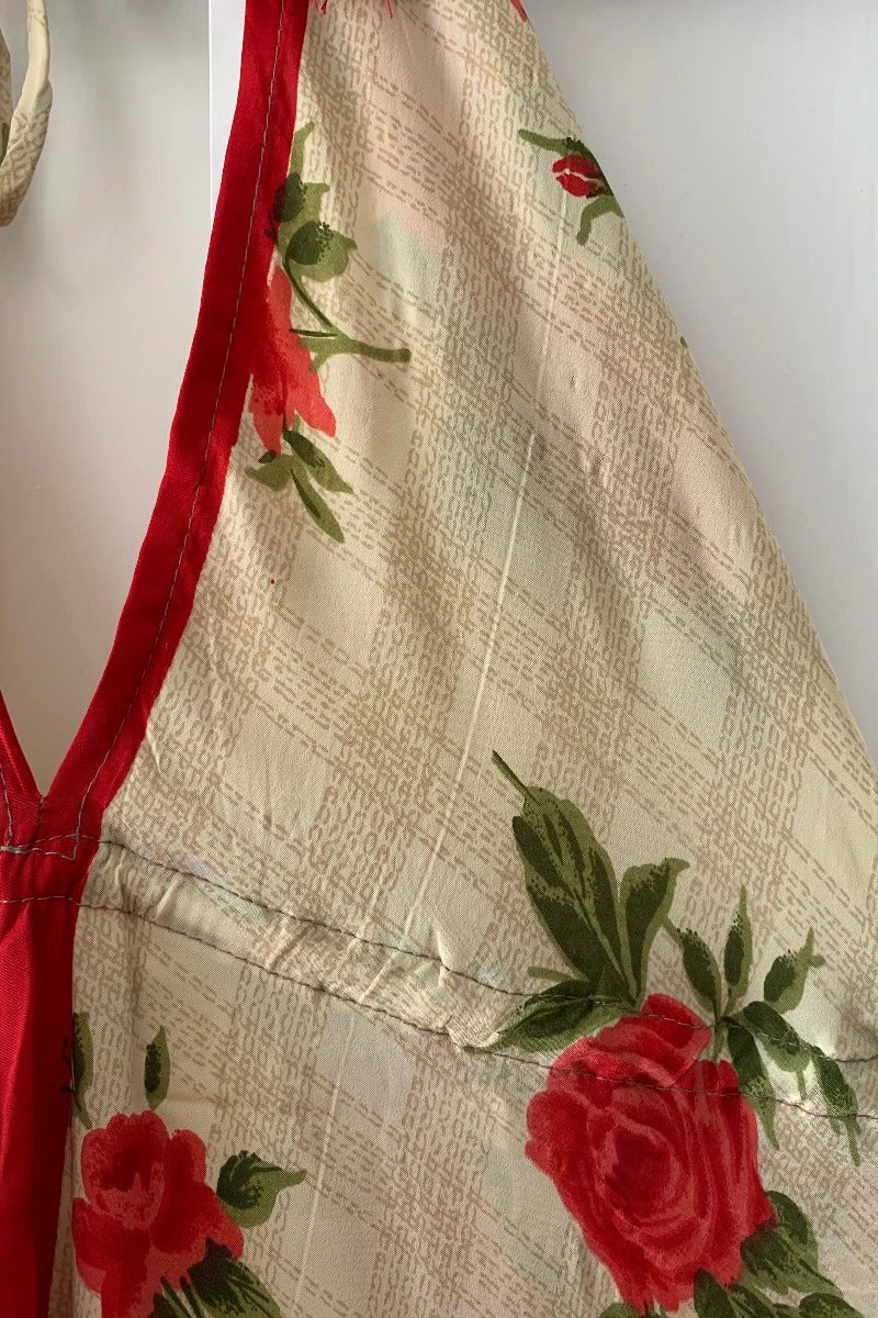 Blossom Halter Maxi Dress - Vintage Sari - Cream & Rouge Rose Floral - Free Size L/XL 5 Blossom Halter Maxi Dress - Vintage Sari - Cream & Rouge Rose Floral - Free Size L/XL - Image 5
