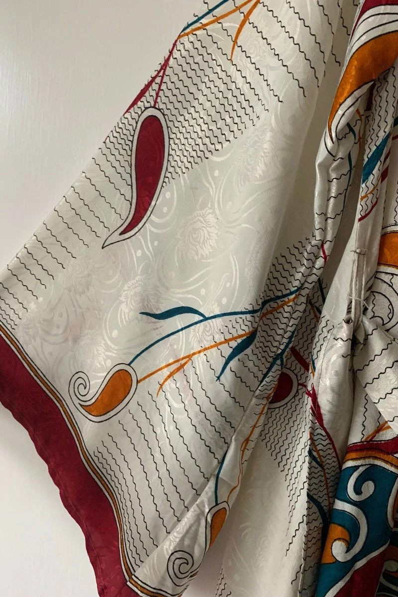 Karina Kimono Mini Dress - Vintage Sari - Jasmine White Graphic Paisley - Free Size M/L 5 Karina Kimono Mini Dress - Vintage Sari - Jasmine White Graphic Paisley - Free Size M/L - Image 5