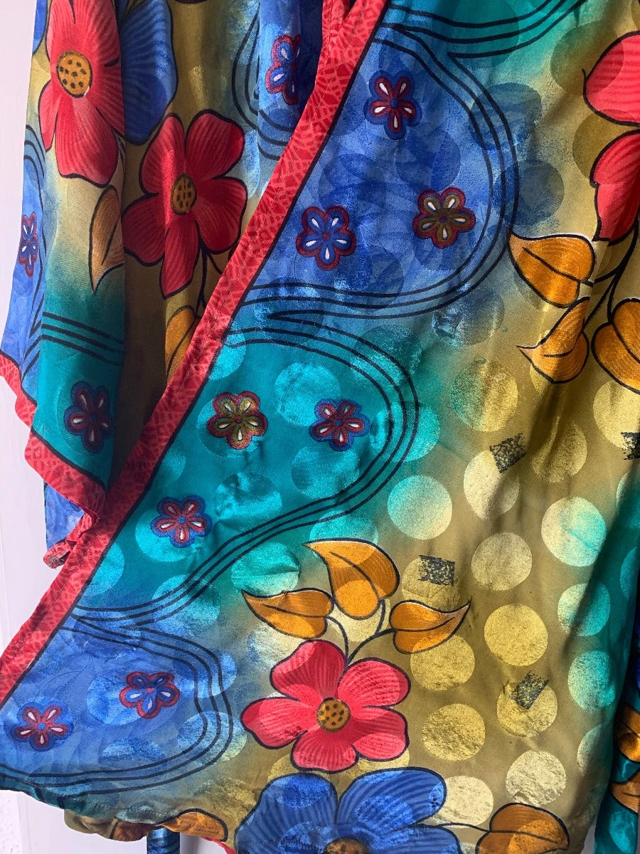 Karina Kimono Mini Dress - Vintage Sari - Vivid Kaleidoscope Floral - Free Size S/M 6 Karina Kimono Mini Dress - Vintage Sari - Vivid Kaleidoscope Floral - Free Size S/M - Image 6