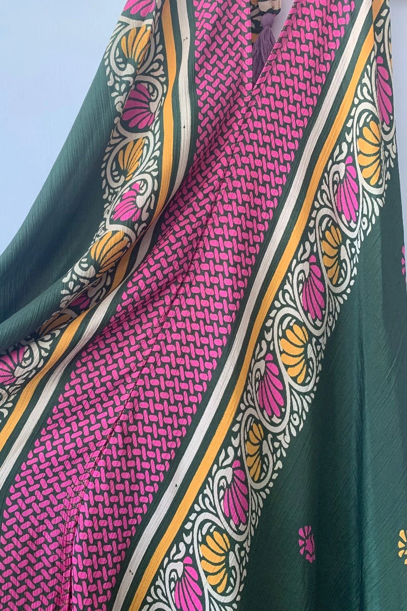 Athena Maxi Dress - Vintage Sari - Dark Pine Tree Print - XS - M/L 5 Athena Maxi Dress - Vintage Sari - Dark Pine Tree Print - XS - M/L - Image 5