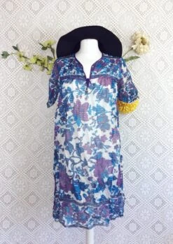 SALE Vintage Sparkly Ivory Mauve & Turquoise Floral Smock Dress Size S