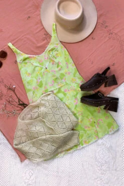 70's Vintage - Mini Slip Dress - Pale Lime, Rose & Yellow Floral - Size S