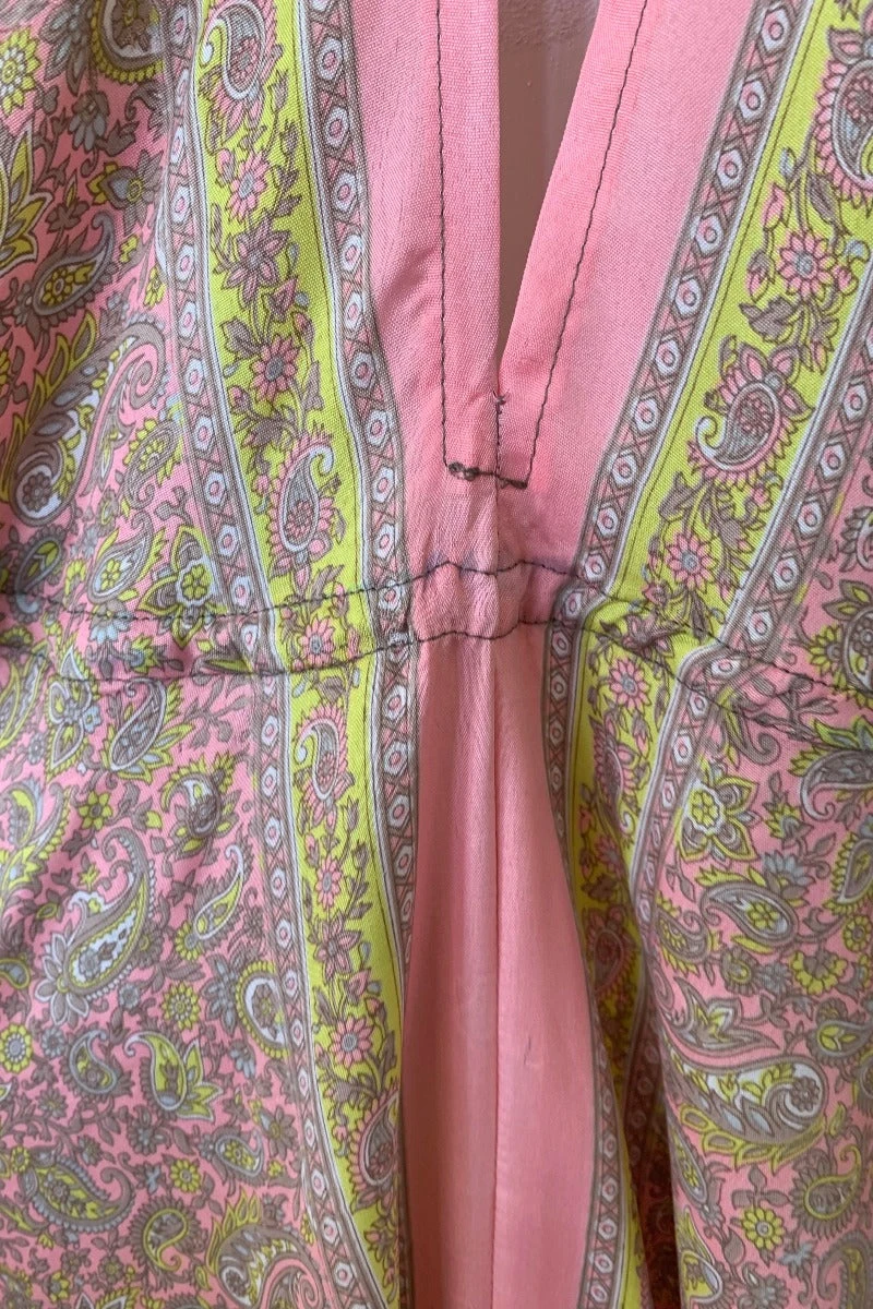 Eden Halter Maxi Dress - Vintage Sari - Pastel Pink & Chartreuse Paisley - Free Size S/M 5 Eden Halter Maxi Dress - Vintage Sari - Pastel Pink & Chartreuse Paisley - Free Size S/M - Image 5