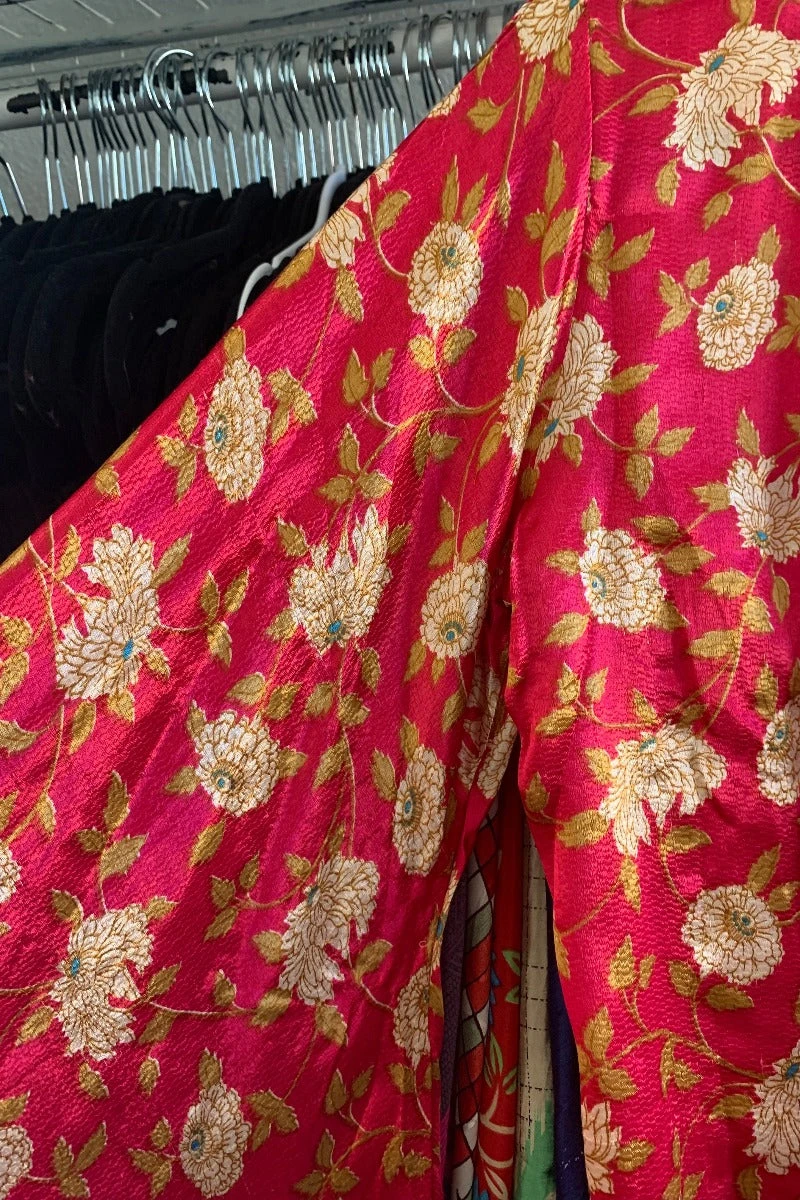 Venus Vintage Sari Midi Dress - Cerise Pink & Gold Wildflower - Size S/M 4 Venus Vintage Sari Midi Dress - Cerise Pink & Gold Wildflower - Size S/M - Image 4