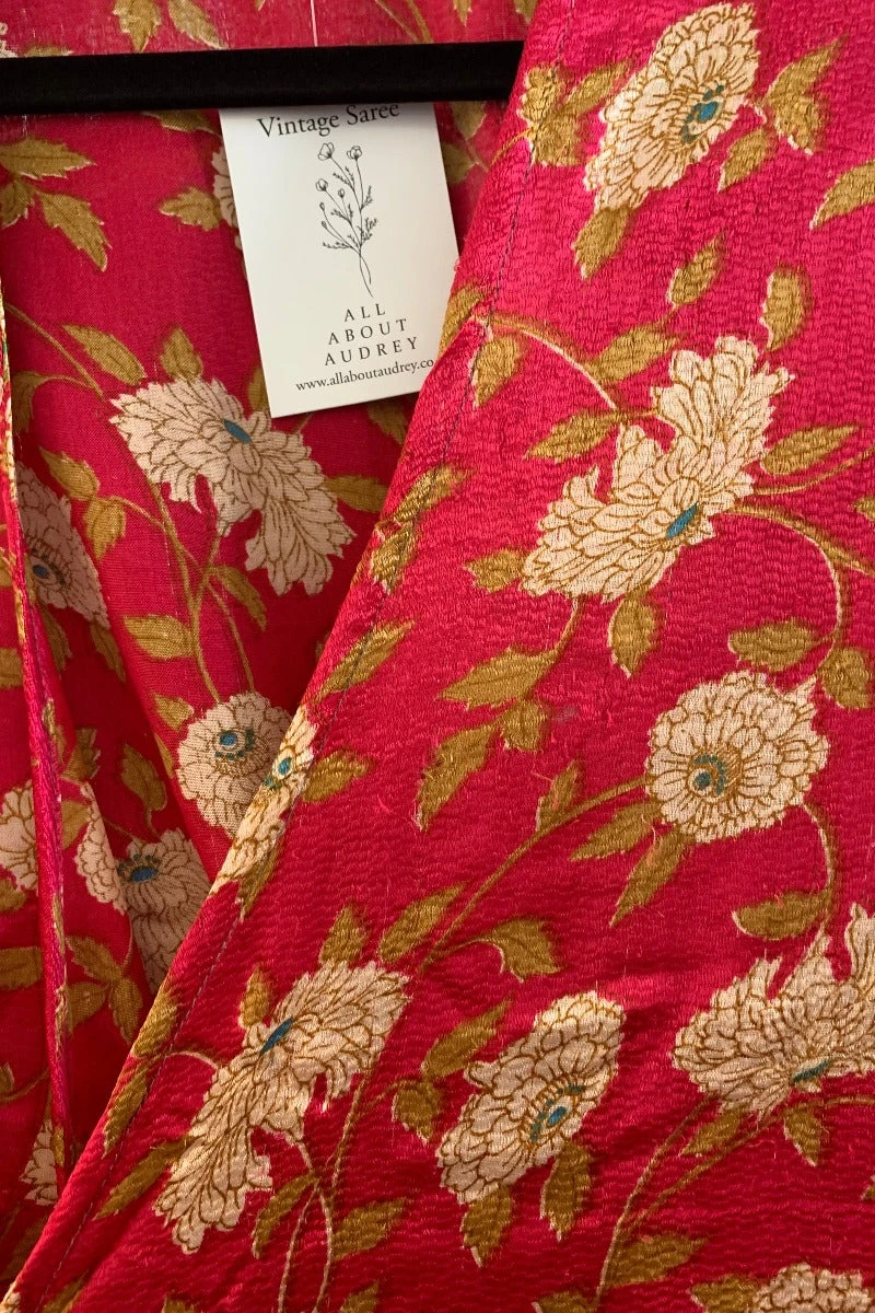Venus Vintage Sari Midi Dress - Cerise Pink & Gold Wildflower - Size S/M 5 Venus Vintage Sari Midi Dress - Cerise Pink & Gold Wildflower - Size S/M - Image 5