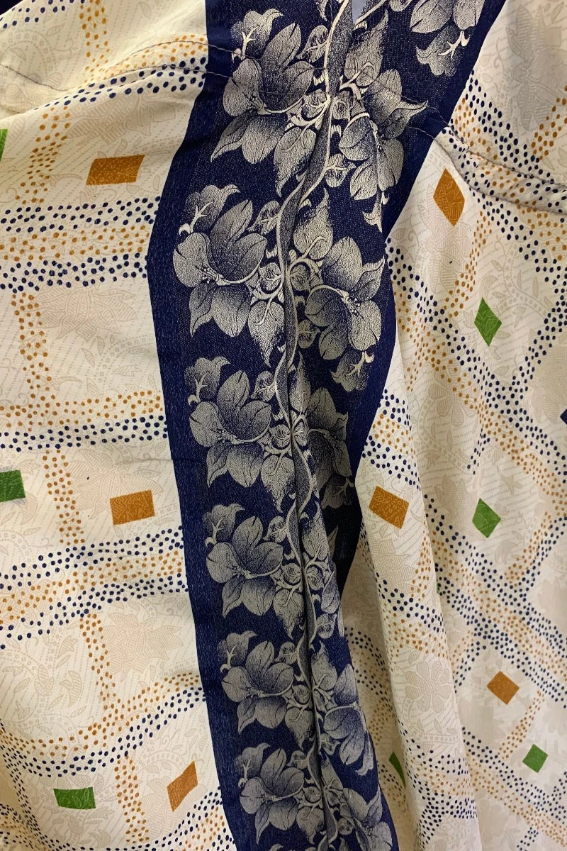 Eden Halter Maxi Dress - Vintage Sari - Ivory & Indigo Check Floral - Free Size M/L 4 Eden Halter Maxi Dress - Vintage Sari - Ivory & Indigo Check Floral - Free Size M/L - Image 4