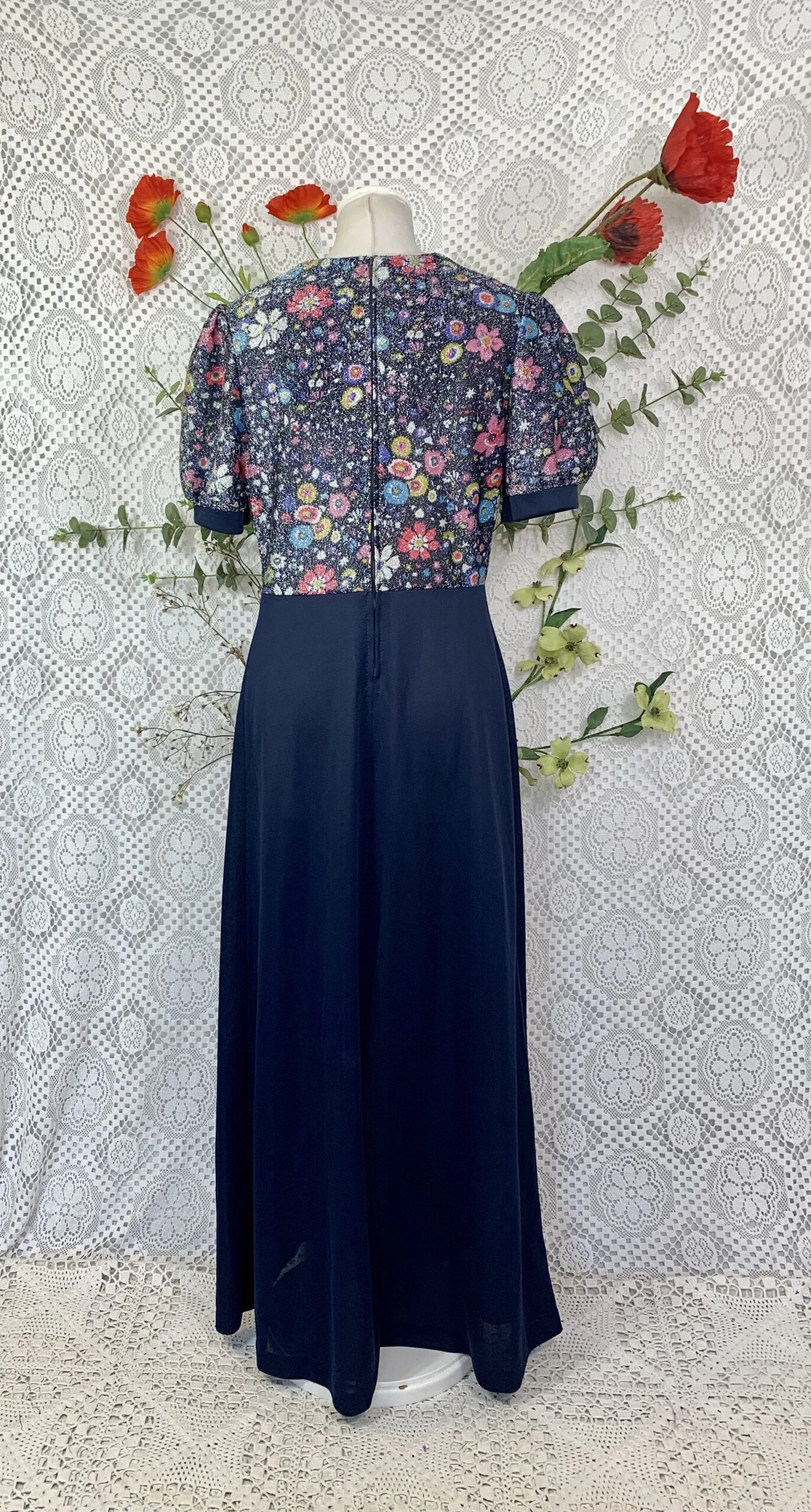 Vintage 70s Navy Sparkly Floral Top Maxi Dress - Size - S/M 5 Vintage 70s Navy Sparkly Floral Top Maxi Dress - Size - S/M - Image 5