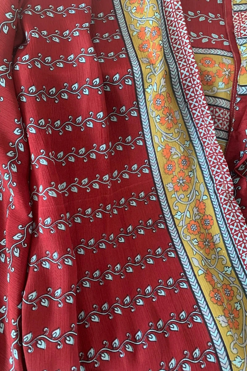 Karina Kimono Mini Dress - Vintage Sari - Burgundy & Dark Lime Paisley - Free Size S/M 5 Karina Kimono Mini Dress - Vintage Sari - Burgundy & Dark Lime Paisley - Free Size S/M - Image 5