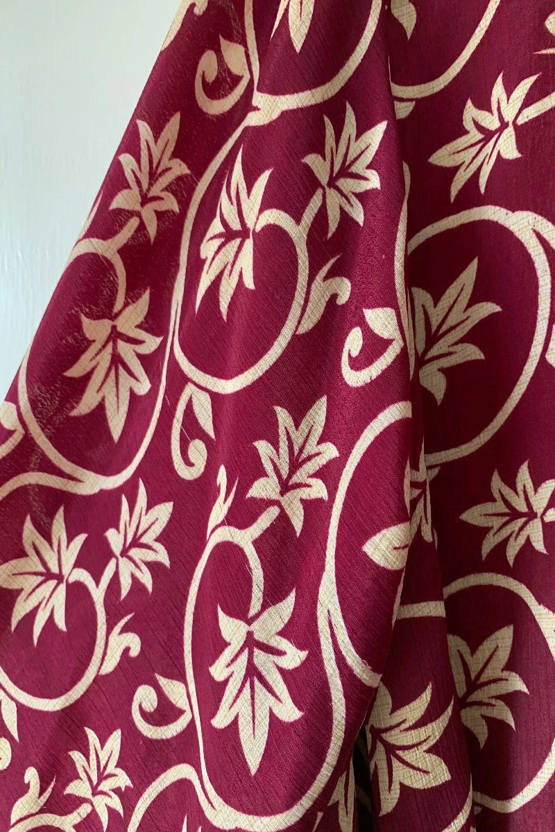 Karina Kimono Mini Dress - Vintage Sari - Blackberry Leaves - Free Size XL 6 Karina Kimono Mini Dress - Vintage Sari - Blackberry Leaves - Free Size XL - Image 6