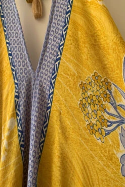 Athena Maxi Dress - Vintage Sari - Buttercup & Blueberry Flower Motif - S/M - L/XL -KIKIS Clothing Shop image c80de6b2 dbec 4970 b74d cf0b9c77d32e