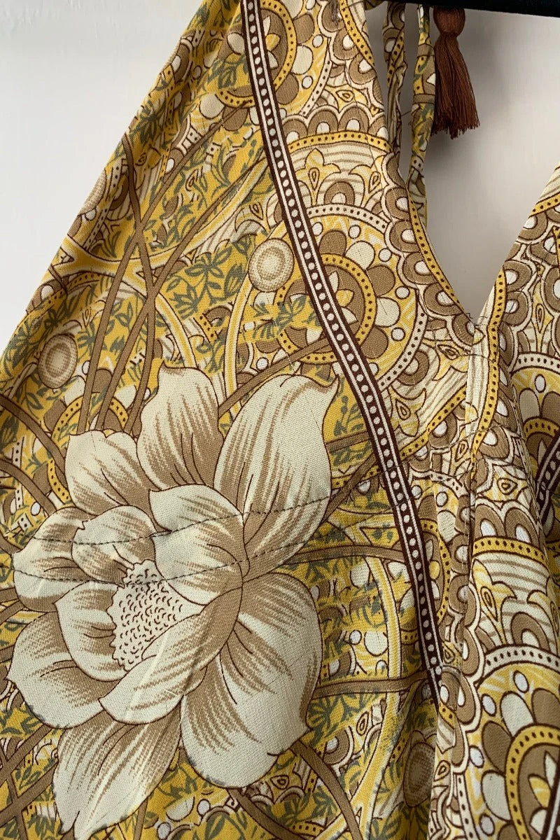 Blossom Halter Maxi Dress - Vintage Sari - Buttercup Yellow & Mocha Mandala Floral - Free Size S/M 4 Blossom Halter Maxi Dress - Vintage Sari - Buttercup Yellow & Mocha Mandala Floral - Free Size S/M - Image 4