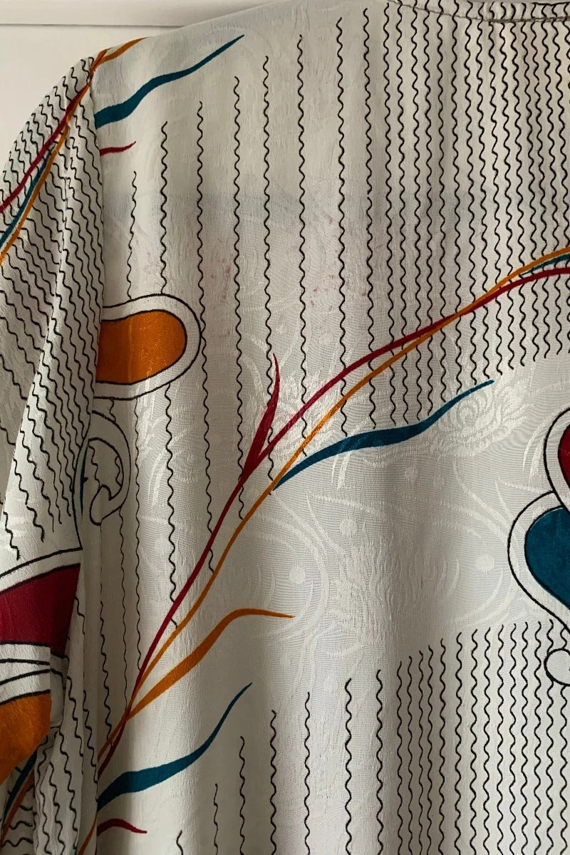 Karina Kimono Mini Dress - Vintage Sari - Jasmine White Graphic Paisley - Free Size M/L 6 Karina Kimono Mini Dress - Vintage Sari - Jasmine White Graphic Paisley - Free Size M/L - Image 6