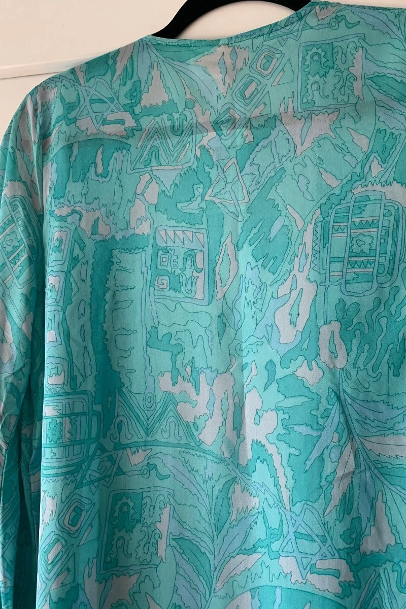 Venus Maxi Dress - Vintage Sari - Powdered Turquoise & Mist Illustrations - Size M/L 4 Venus Maxi Dress - Vintage Sari - Powdered Turquoise & Mist Illustrations - Size M/L - Image 4