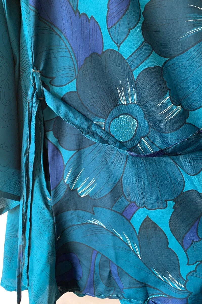 Karina Kimono Mini Dress - Vintage Sari - Prussian Blue Sunburst - Free Size XL 6 Karina Kimono Mini Dress - Vintage Sari - Prussian Blue Sunburst - Free Size XL - Image 6