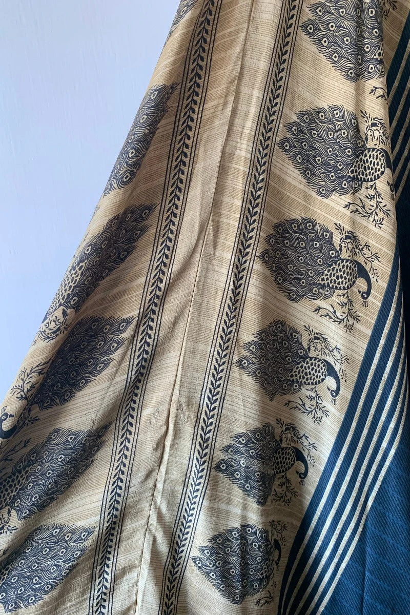 Athena Maxi Dress - Vintage Sari - Midnight Blue & Champagne Peacock Print - XS - S/M 4 Athena Maxi Dress - Vintage Sari - Midnight Blue & Champagne Peacock Print - XS - S/M - Image 4