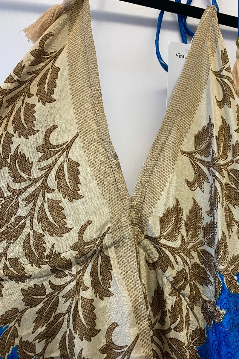 Eden Halter Maxi Dress - Vintage Sari - Majorelle Blue & Beige Leaf Print - Free Size S/M 4 Eden Halter Maxi Dress - Vintage Sari - Majorelle Blue & Beige Leaf Print - Free Size S/M - Image 4