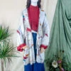 Karina Kimono Mini Dress - Vintage Sari - Jasmine White Graphic Paisley - Free Size M/L