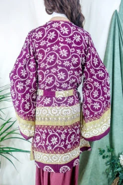 Karina Kimono Mini Dress - Vintage Sari - Blackberry Leaves - Free Size XL 10 Karina Kimono Mini Dress - Vintage Sari - Blackberry Leaves - Free Size XL -KIKIS Clothing Shop karina midi length long sleeve boho kimono wide sleeve hippie jacket handmade from recycled vintage 70s indian silky sari colourful bohemian robe by all about audrey 100