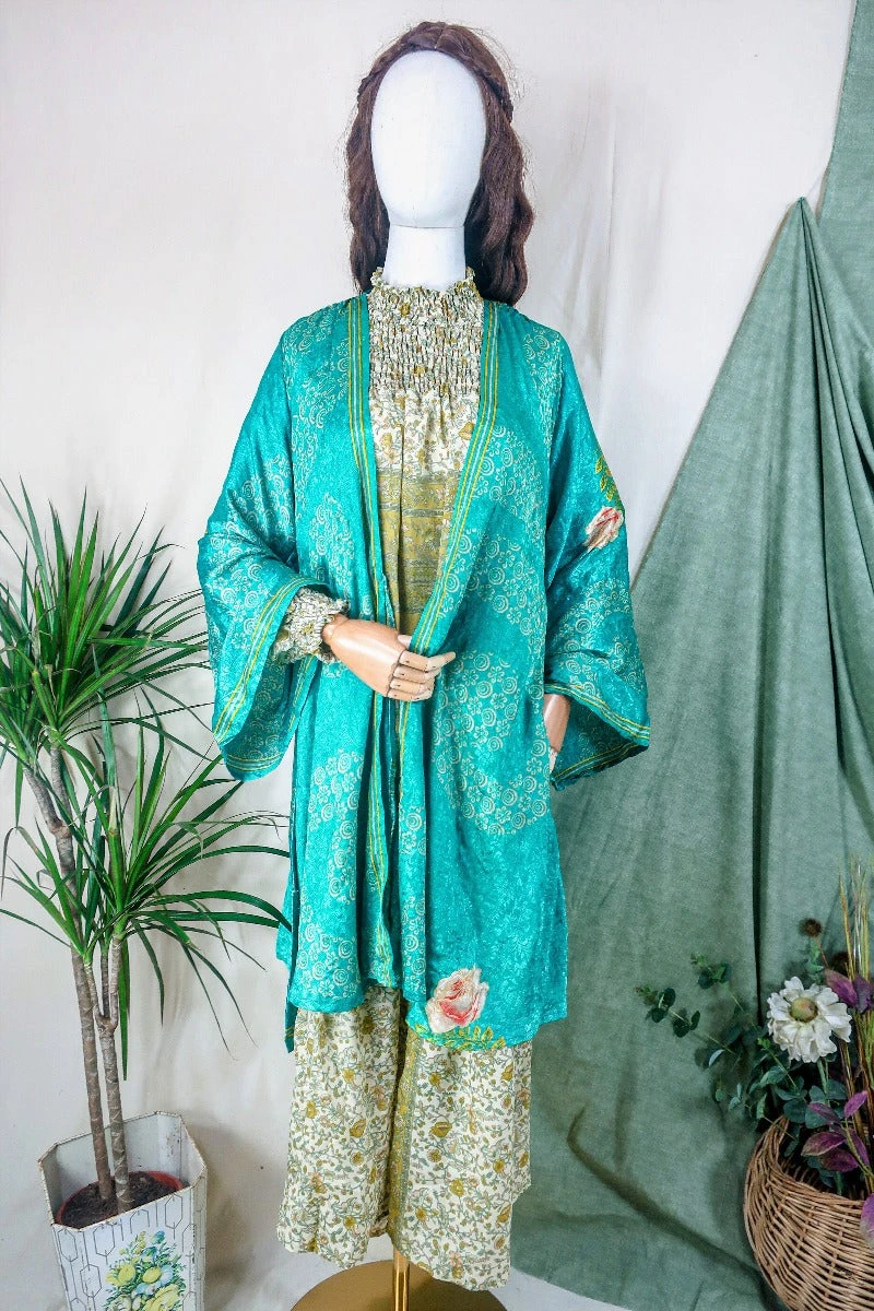 Karina Kimono Mini Dress - Vintage Sari - Jade & Champagne Floral - Free Size M/L 2 Karina Kimono Mini Dress - Vintage Sari - Jade & Champagne Floral - Free Size M/L - Image 2