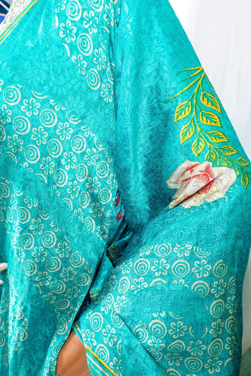 Karina Kimono Mini Dress - Vintage Sari - Jade & Champagne Floral - Free Size M/L 3 Karina Kimono Mini Dress - Vintage Sari - Jade & Champagne Floral - Free Size M/L - Image 3