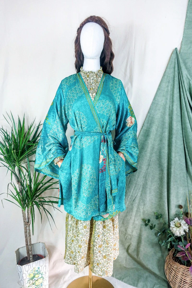 Karina Kimono Mini Dress - Vintage Sari - Jade & Champagne Floral - Free Size M/L 1 Karina Kimono Mini Dress - Vintage Sari - Jade & Champagne Floral - Free Size M/L
