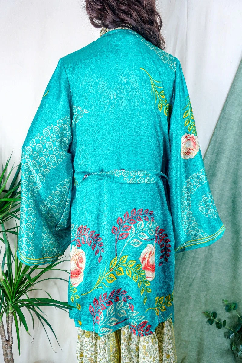 Karina Kimono Mini Dress - Vintage Sari - Jade & Champagne Floral - Free Size M/L 4 Karina Kimono Mini Dress - Vintage Sari - Jade & Champagne Floral - Free Size M/L - Image 4