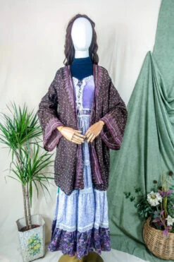 Karina Kimono Mini Dress - Vintage Sari - Midnight & Wine Wildflower - Free Size S/M