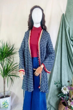 Karina Kimono Mini Dress - Vintage Sari - Midnight Chevron & Red Paisley - Free Size S/M