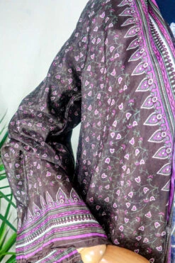 Karina Kimono Mini Dress - Vintage Sari - Midnight & Wine Wildflower - Free Size S/M -KIKIS Clothing Shop karina midi length long sleeve boho kimono wide sleeve hippie jacket handmade from recycled vintage 70s indian silky sari colourful bohemian robe by all about audrey 120