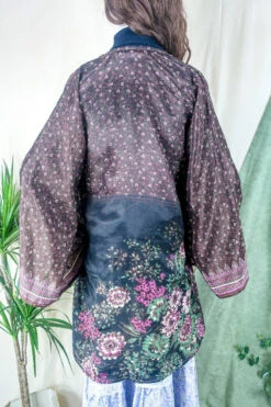 Karina Kimono Mini Dress - Vintage Sari - Midnight & Wine Wildflower - Free Size S/M -KIKIS Clothing Shop karina midi length long sleeve boho kimono wide sleeve hippie jacket handmade from recycled vintage 70s indian silky sari colourful bohemian robe by all about audrey 122